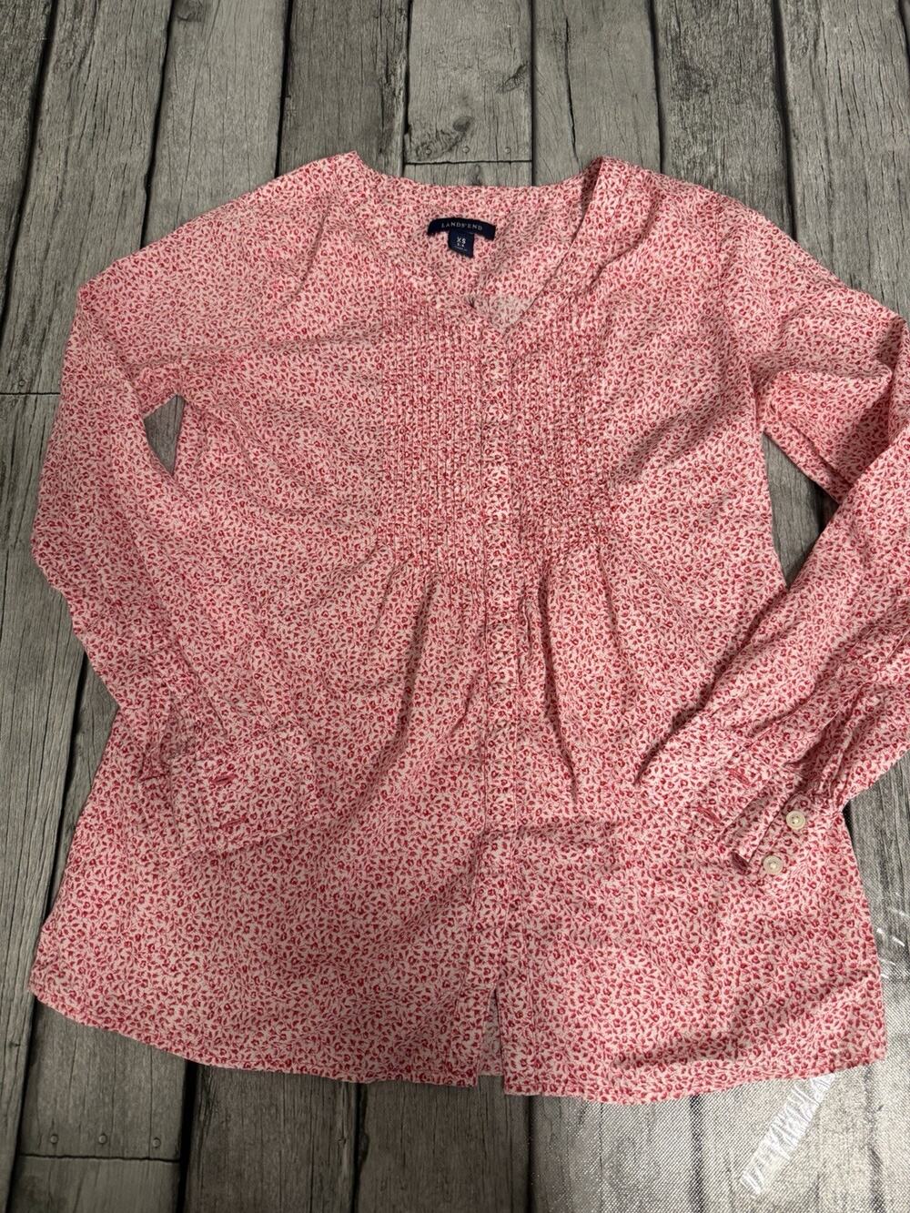 Women’s Lands’ End Pintuck Blouse Long Sleeve Lightweight Red/pink Floral XS 2-4
